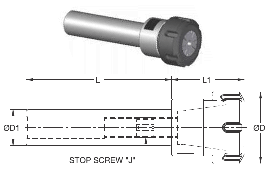 D 1.00 ER25 L 2.00 ER Cylindrical Collet Chuck With Slotted Nut